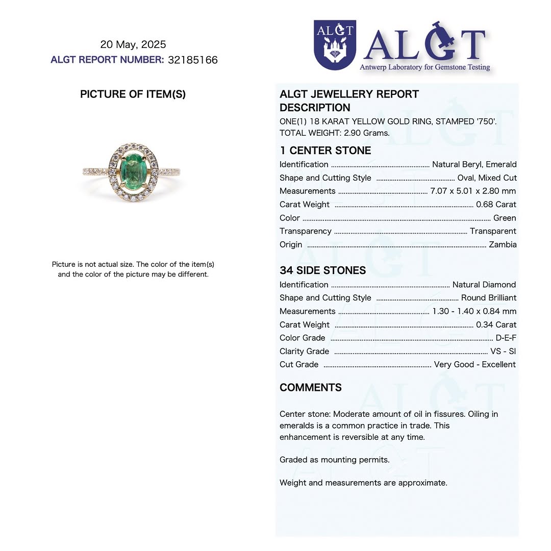zertifizierter natürlicher sambischer Smaragdring – 18 Karat Gelbgold mit Diamant-Halo