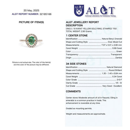 zertifizierter natürlicher sambischer Smaragdring – 18 Karat Gelbgold mit Diamant-Halo
