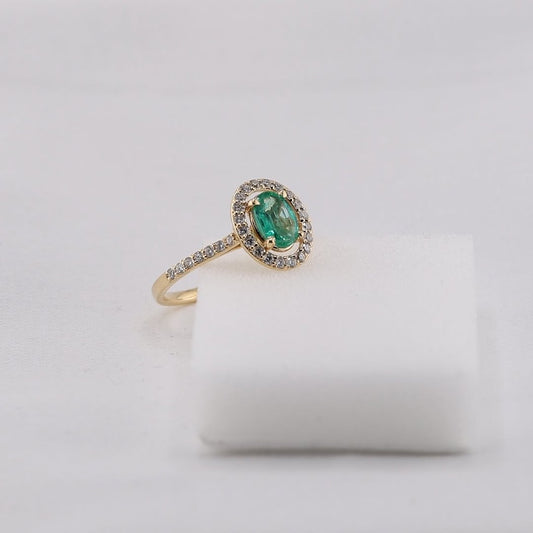 zertifizierter natürlicher sambischer Smaragdring – 18 Karat Gelbgold mit Diamant-Halo