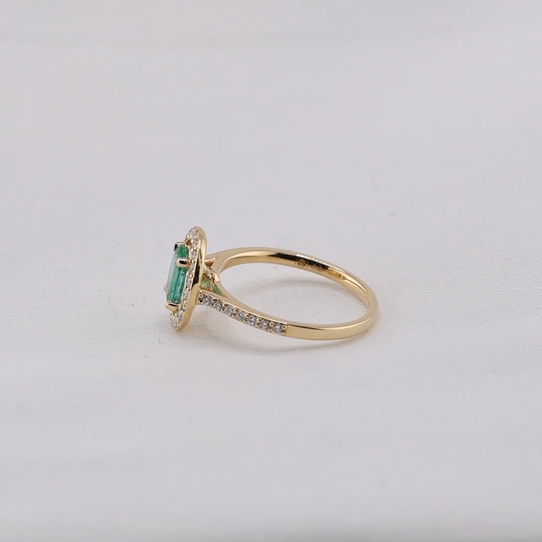 zertifizierter natürlicher sambischer Smaragdring – 18 Karat Gelbgold mit Diamant-Halo