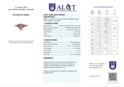 zertifizierter natürlicher Pinker-Turmalin-Ring – intensiv pinker Turmalin in 14 Karat Gold mit natürlichen Diamanten