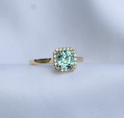 zertifizierter natürlicher Verdelith Turmalin Ring – bläulich-grüner Turmalin in 14 Karat Gold mit Diamanten