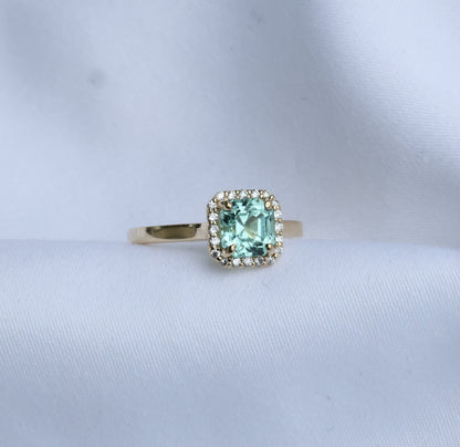 zertifizierter natürlicher Verdelith Turmalin Ring – bläulich-grüner Turmalin in 14 Karat Gold mit Diamanten