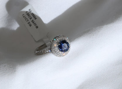 Blauer Saphir (1.09ct, Royal Blue) Ring in 18K/750er Weißgold mit 1.01ct Diamanten